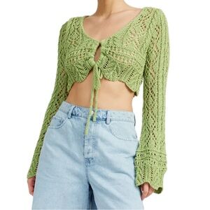 Emory Park Light Green Crochet Cardigan small cropped fairy bell sleeves